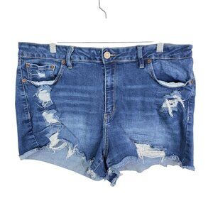 Womens Rue+ Blue Denim Shorts Distressed Hi Rise Cut Off Hem 2" Inseam Size 20